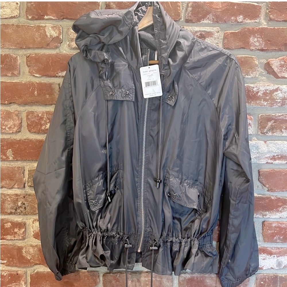 Free people rain / windbreaker charcoal grey zip up jacket rip stop parachute - Picture 2 of 10